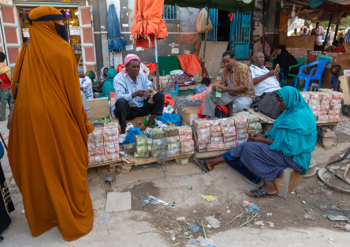 Wads of money changer on his stall , Woqooyi Galbeed region, Hargeisa, Somaliland