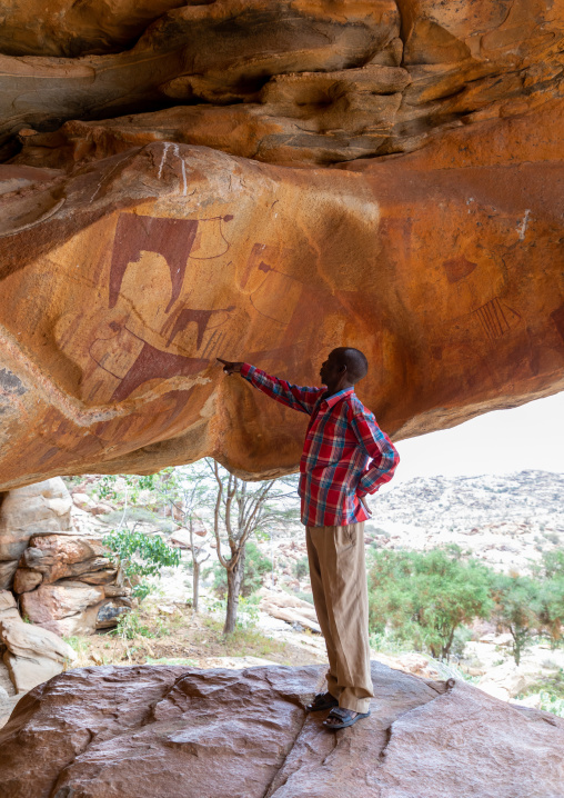 Somali man in front of a cave paintings and petroglyphs depicting cows, Woqooyi Galbeed, Laas Geel, Somaliland