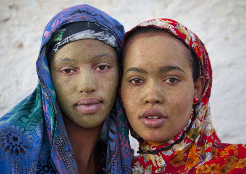 Portrait Of Two Black Veiled Teenage Girls Wearing Qasil On Their Faces, Berbera, Somaliland