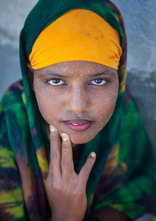 Portrait of a young woman wearing qasil on her face, North-Western province, Berbera, Somaliland
