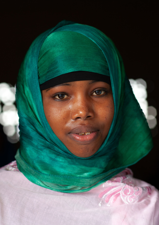 Portrait of a somali woman in green hijab, North-Western province, Berbera, Somaliland