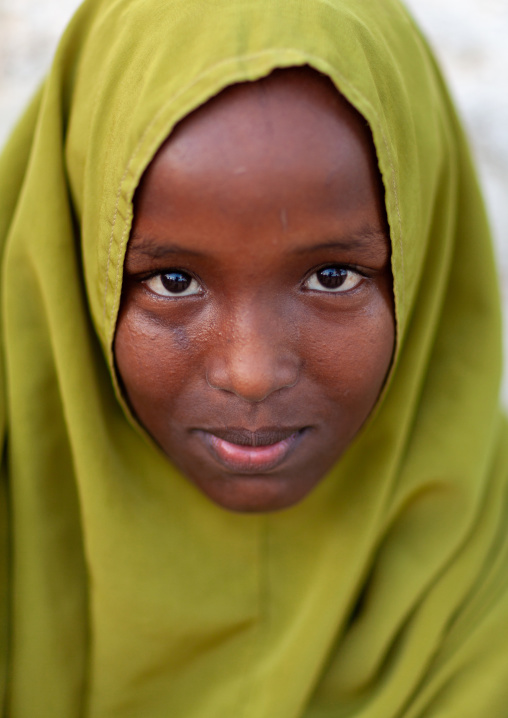 Portrait of a somali girl in green hijab, North-Western province, Berbera, Somaliland