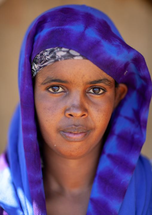 Portrait of a somali woman in blue hijab, North-Western province, Berbera, Somaliland