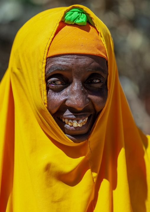 Portrait of a somali woman in yellow hijab, North-Western province, Berbera, Somaliland
