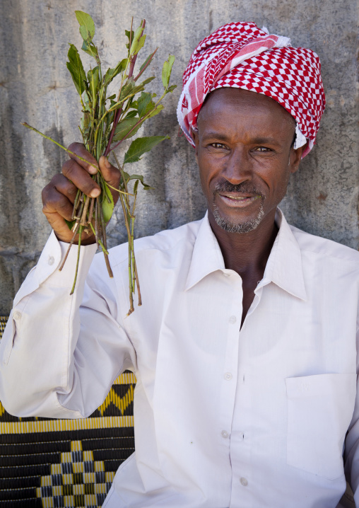 A Man Wearing A White Shirt Holding A Branch Of Khat In His Hand Sitting In A Street Of Burao, Somaliland