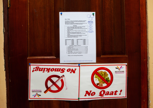 No smoking and khat prohibition signs in a room of plaza hotel, Togdheer region, Burao, Somaliland