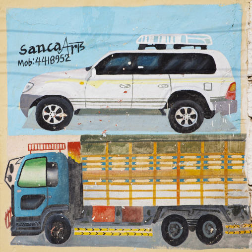 Advertisement For A Transportation Company Displaying Two Vehicles Painted Onto A Wall, Burao, Somaliland