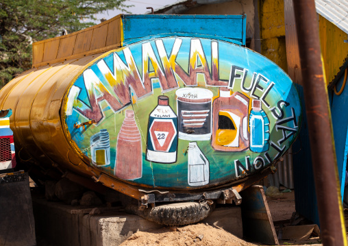 Painted advertisement on the back of a truck, Woqooyi Galbeed province, Baligubadle, Somaliland
