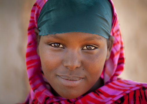 Portrait Of A Smiling Girl Wearing A Pink Veil,  Degehabur, Somaliland