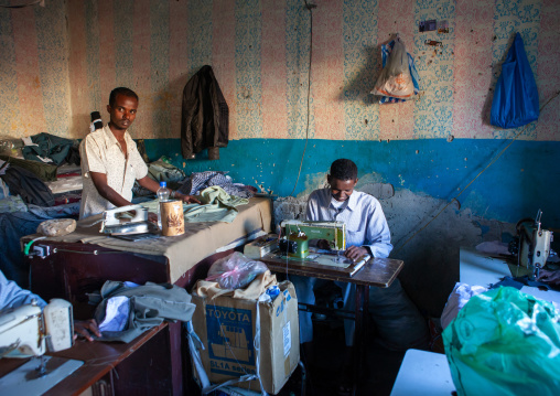 Somali men working in a tailor shop, Woqooyi Galbeed region, Hargeisa, Somaliland