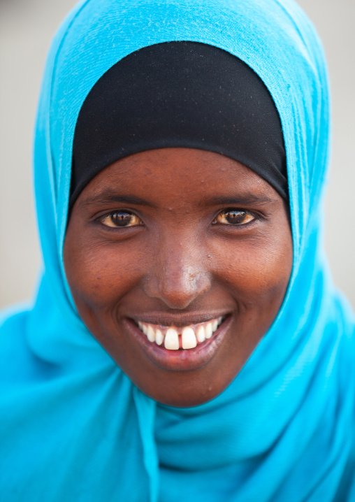 Portrait of a somali girl wearing a blue hijab, Woqooyi Galbeed region, Hargeisa, Somaliland