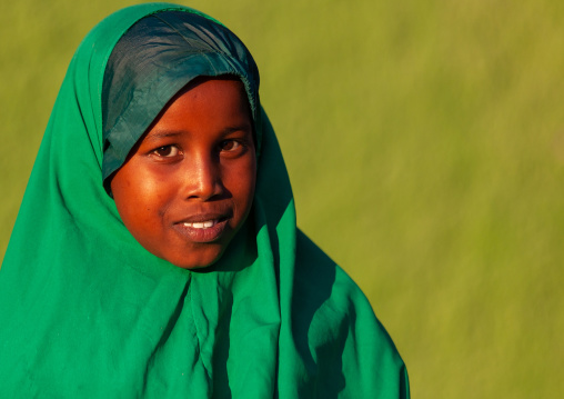 Portrait of a somali girl in green hijab, Woqooyi Galbeed region, Hargeisa, Somaliland
