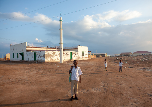 Somali boys in front of a mosque, Awdal region, Zeila, Somaliland