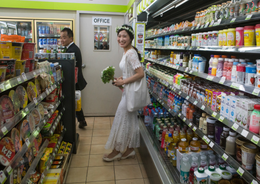 North korean defector joseph park with his south korean fiancee juyeon in a supermarket in imjingak, Sudogwon, Paju, South korea