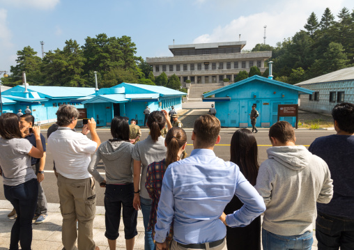 Group of tourists in the joint security area on the border between the two Korea, North Hwanghae Province, Panmunjom, South Korea
