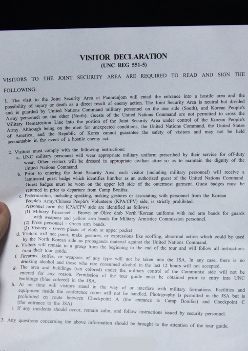 Visitor declaration that must be signed before visiting the DMZ, North Hwanghae Province, Panmunjom, South Korea