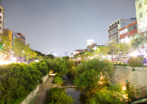 The banks of the Cheonggyechun stream at night, National Capital Area, Seoul, South Korea