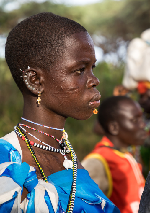 Toposa tribe woman with scarifications on the cheek, Namorunyang State, Kapoeta, South Sudan