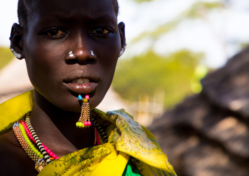 Portrait of a Larim tribe woman with a chin labret, Boya Mountains, Imatong, South Sudan