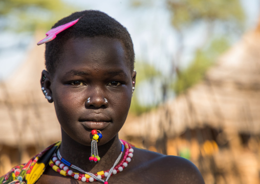 Portrait of a Larim tribe woman with a chin labret, Boya Mountains, Imatong, South Sudan