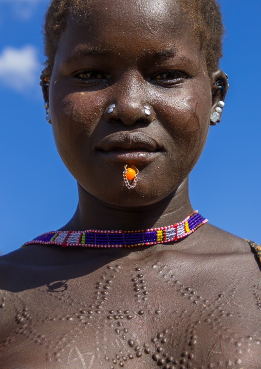 Portrait of a Larim tribe woman with scarifications, Boya Mountains, Imatong, South Sudan