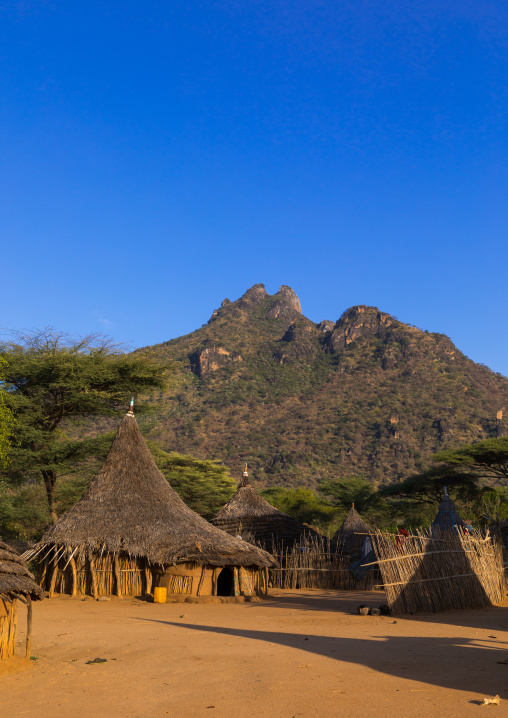 Houses with thatched roof in a Larim tribe traditional village, Boya Mountains, Imatong, South Sudan