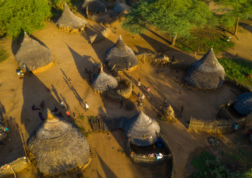 Aerial view of a Larim tribe village with Thatched roofs houses, Boya Mountains, Imatong, South Sudan