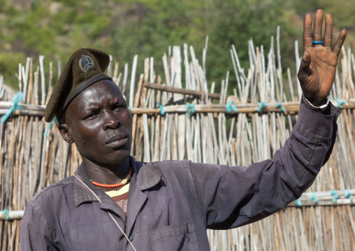 Portrait of a Larim tribe man wearing a military beret, Boya Mountains, Imatong, South Sudan