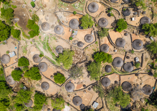 Aerial view of a traditional Lotuko tribe village in the mountain, Central Equatoria, Illeu, South Sudan