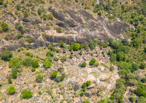 Aerial view of a traditional Lotuko tribe village in the mountain, Central Equatoria, Illeu, South Sudan