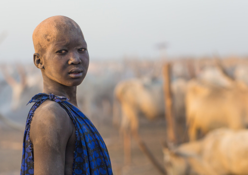 Portrait of a Mundari tribe boy covered in ash to repel flies and mosquitoes in a cattle camp, Central Equatoria, Terekeka, South Sudan