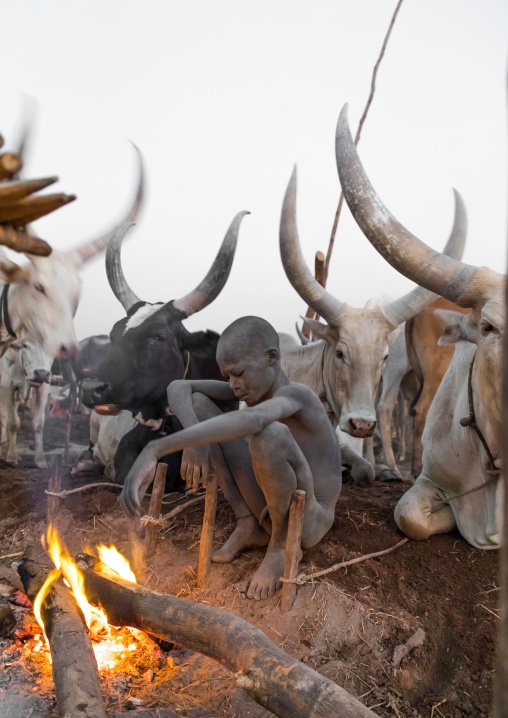 Mundari tribe boy making a campfire with dried cow dungs to repel flies and mosquitoes, Central Equatoria, Terekeka, South Sudan