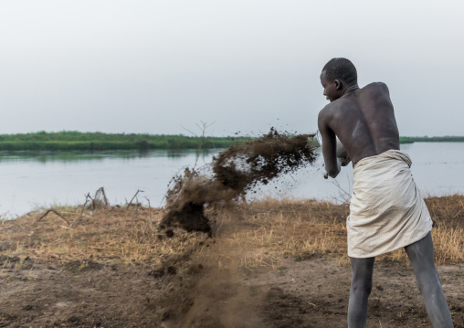 Mundari tribe man collecting dried cow dungs to make bonfires to repel mosquitoes and flies, Central Equatoria, Terekeka, South Sudan