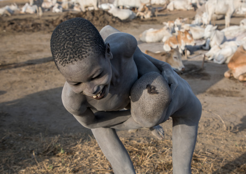 Mundari tribe boys wrestling in a cattle camp, Central Equatoria, Terekeka, South Sudan