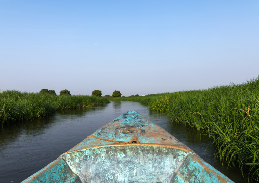 Mundari tribe boat on the river Nile, Central Equatoria, Terekeka, South Sudan