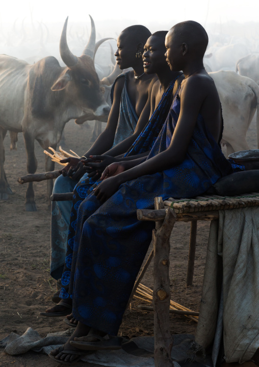 Mundari tribe women sit on a bed in a cattle camp, Central Equatoria, Terekeka, South Sudan