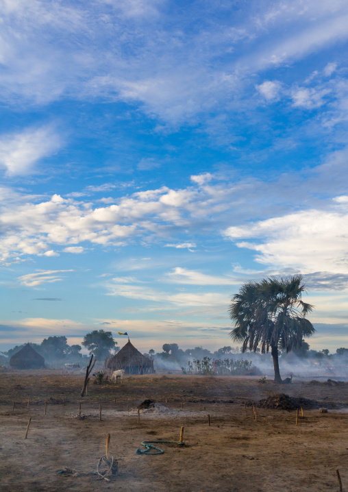 Mundari village in the smoke of the bonfires, Central Equatoria, Terekeka, South Sudan