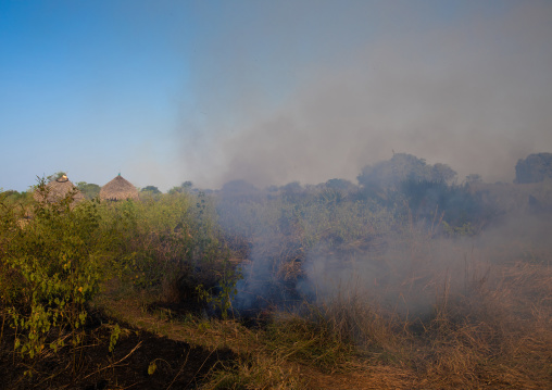Bush fire to repel mosquitoes, Central Equatoria, Terekeka, South Sudan