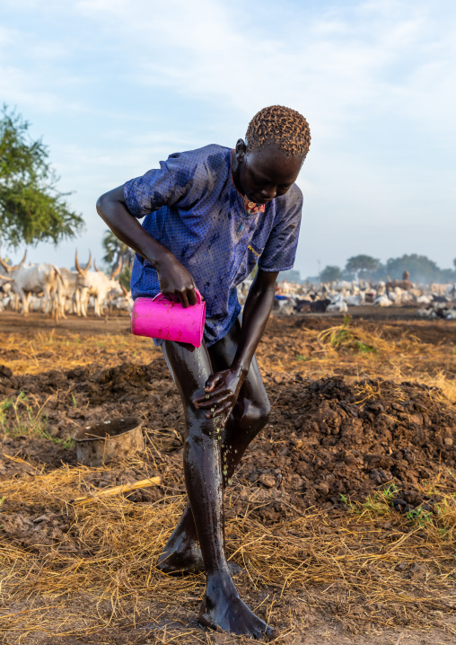 Mundari tribe boy showering with cow urine to take advantage of the antibacterial properties, Central Equatoria, Terekeka, South Sudan