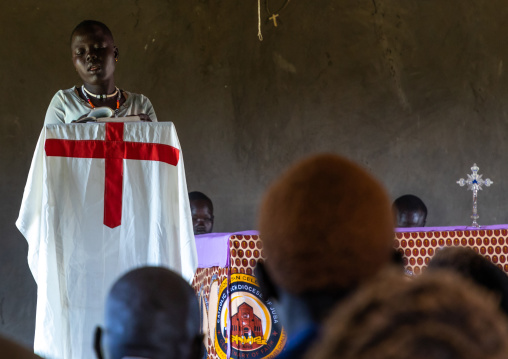 Mundari tribe people celebrating a sunday mass in a church, Central Equatoria, Terekeka, South Sudan