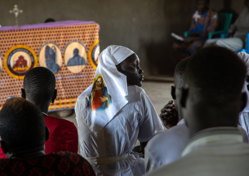 Mundari tribe people attending a sunday mass in a church, Central Equatoria, Terekeka, South Sudan