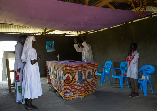Mundari tribe priest celebrating a sunday mass in a church, Central Equatoria, Terekeka, South Sudan