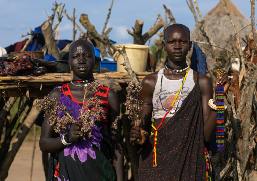 Portraits of Mundari tribe women with scarifications holding sorghum, Central Equatoria, Terekeka, South Sudan
