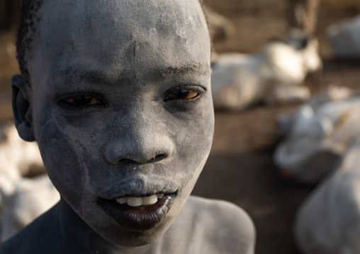 Portrait of a Mundari tribe boy covered in ash, Central Equatoria, Terekeka, South Sudan