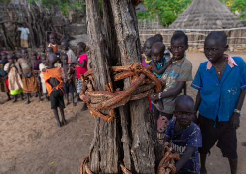 Children around a generation pole erected during initiation ceremonies in Lotuko tribe, Central Equatoria, Illeu, South Sudan