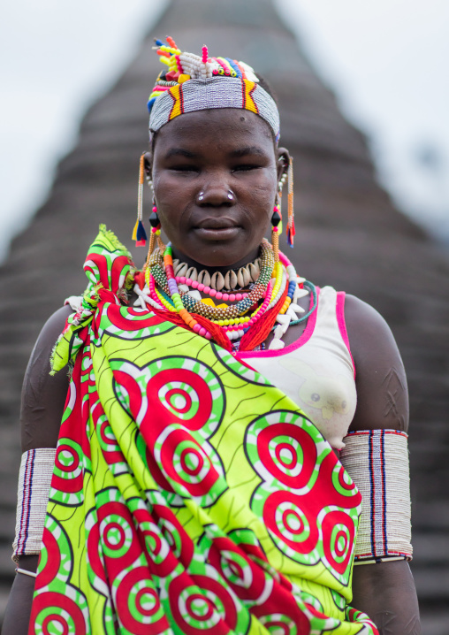 Portrait of a Larim tribe woman wearing a decorated headwear, Boya Mountains, Imatong, South Sudan