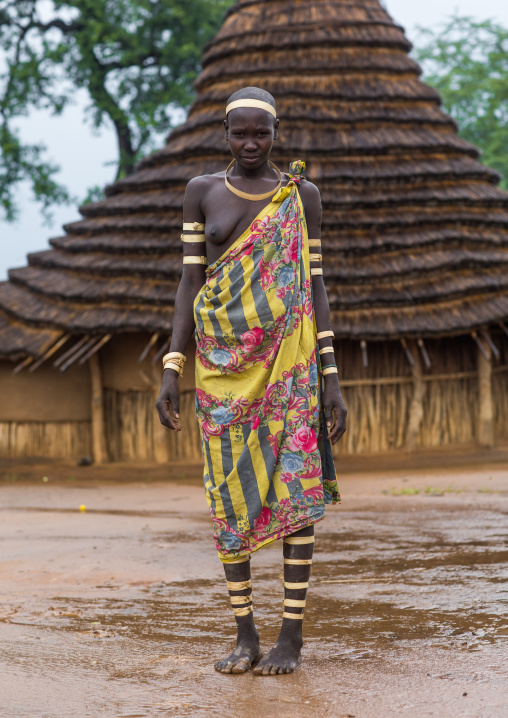 Portrait of a Larim tribe woman wearing bark bracelets as a sign of mourning, Boya Mountains, Imatong, South Sudan