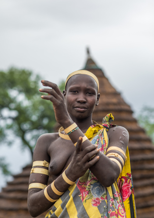 Portrait of a Larim tribe woman wearing bark bracelets as a sign of mourning, Boya Mountains, Imatong, South Sudan