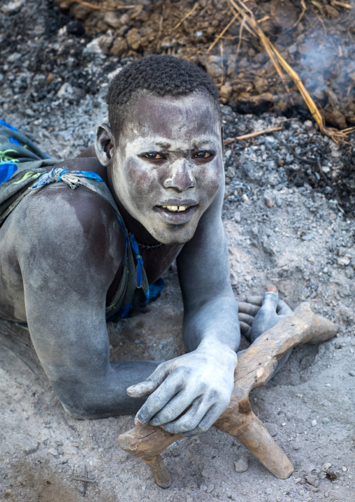 Mundari tribe man covered in ash to repel flies and mosquitoes, Central Equatoria, Terekeka, South Sudan