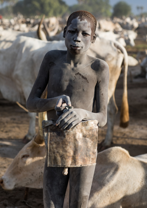 Mundari tribe boy with a bell taking care of the cows in the camp, Central Equatoria, Terekeka, South Sudan
